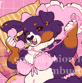 2024 digitally-colored pencil drawing. pepper, a bernese mountain dog furry, lounges on a pile of blankets and pillows in lingerie. she's chatting on a rotary phone. character belongs to @lucakombucha.